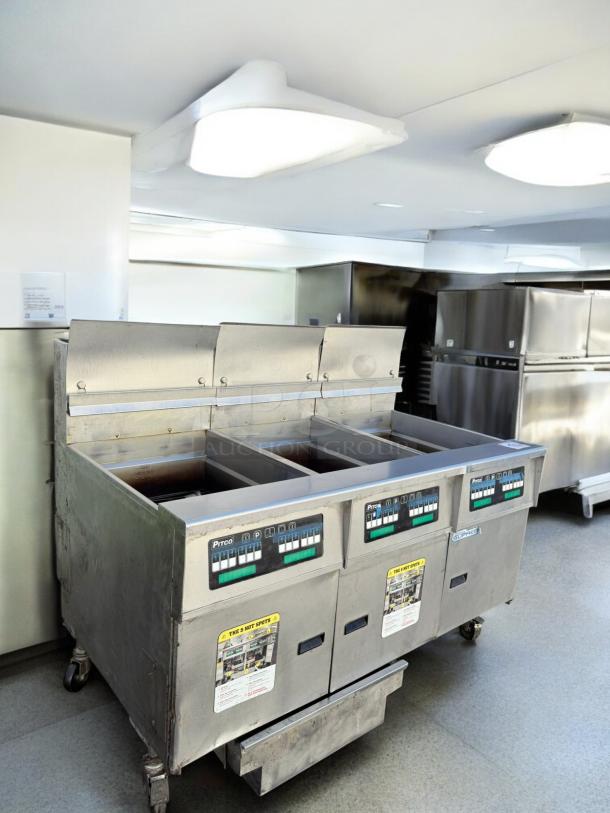 Pitco SSH75 Triple-Bank Gas Fryer, excellent condition, natural gas, 115V ignition, fully tested, labeled controls.
