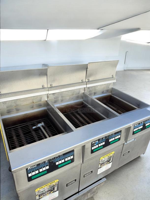 Pitco SSH75 Triple-Bank Gas Fryer, excellent condition, natural gas, 115V ignition, fully tested and working, visible control panel.
