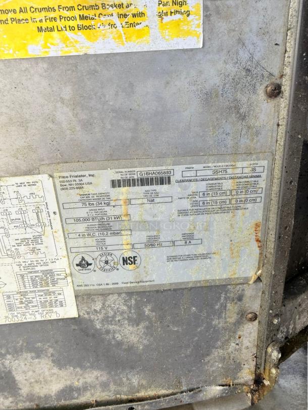 Pitco SSH75 Triple-Bank Gas Fryer label, showing model and specs; natural gas, 115V ignition, NSF certified. Appears fully tested.