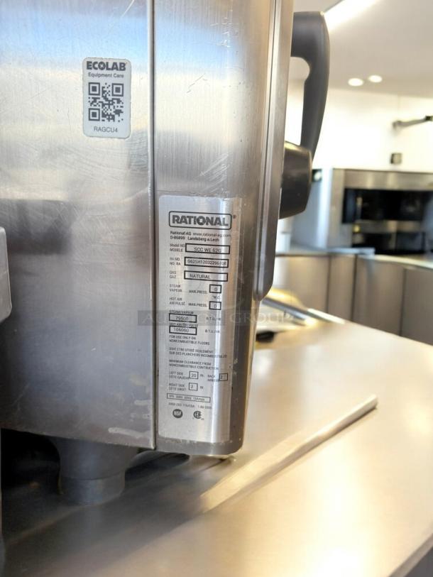 Rational SCC WE 62G combi oven in excellent condition. Natural gas with 115V ignition. Ecolab care and model labels visible.