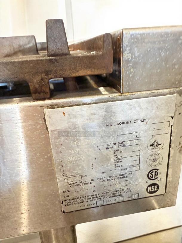 Imperial 4-Burner Gas Hot Plate, excellent condition, fully tested, features natural gas operation, NSF certification label visible.