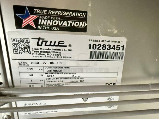True TSSU-27-08-HC Sandwich/Salad Prep Table label. Serial 10283451, 115V, R290 refrigerant, compressor EMI70UER.
