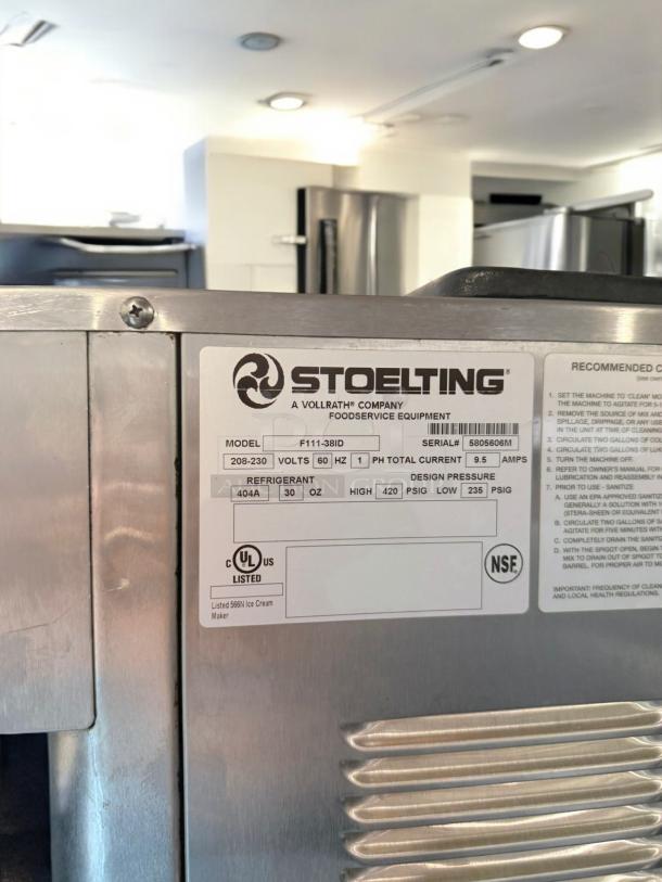 Stoelting F111-381D soft serve ice cream machine, excellent condition, 208-230V, fully tested, visible UL and NSF labels.
