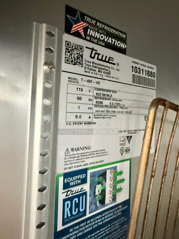 True T-49F-HC 2-Door Reach-In Freezer, stainless steel, excellent condition, 115V. Label shows model and serial number. Fully tested.