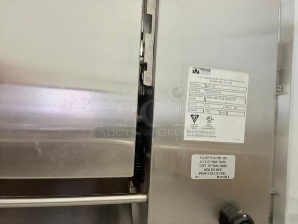 Prince Castle 297-T20 Slim Line Bun Toaster, excellent condition, 115V, fully tested, label indicates compliance for New York use.