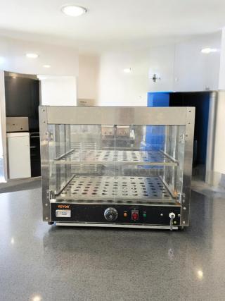 Vevor 120V countertop food warmer display case in excellent condition, fully tested, dual-shelf, stainless steel, clear front.