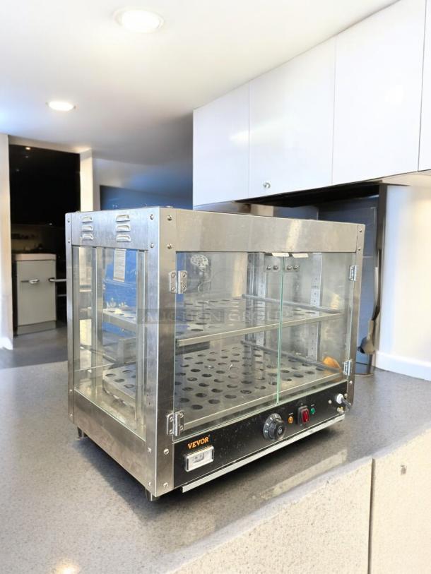 Vevor Countertop Heated Display Case, 120V, excellent condition, fully tested, glass sides, metal frame, control panel visible.