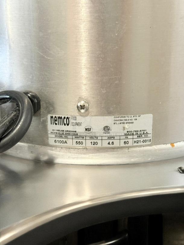 Nemco 6100A countertop food warmer in excellent condition. Silver, 550W, 120V. NSF certified label visible.