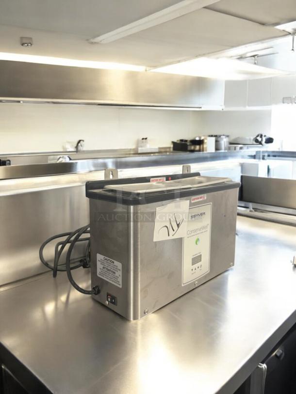 Server Products CW-T Heated Soaker, Model 87760, 120V, excellent condition, stainless steel, fully tested, on/off switch visible.