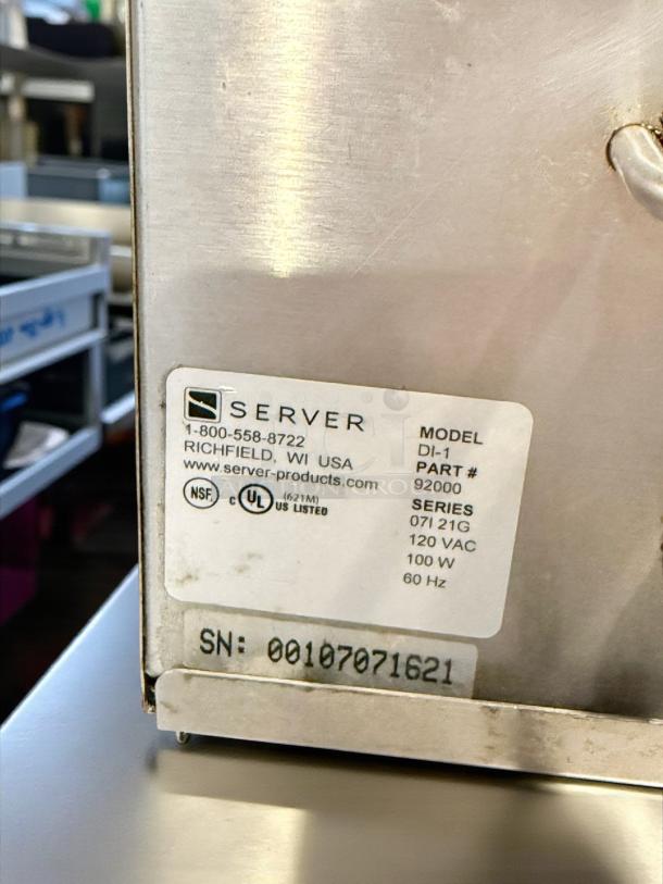 Server Products DI-1 Drop-In Sauce Warmer, excellent condition, Part #92000, 120V, fully tested and working, label visible.