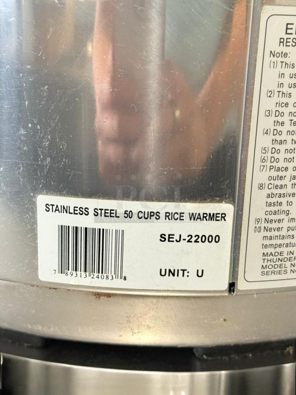 Thunder Group SEJ-22000 50 Cup Stainless Steel Rice Warmer in excellent condition, tested and working, 120V.