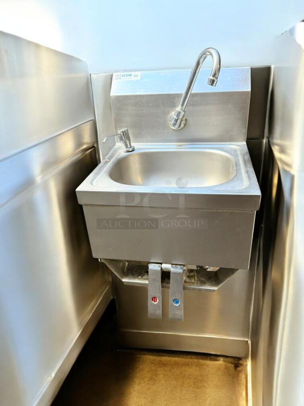 GSW wall-mount hand sink with faucet, stainless steel, excellent condition, fully tested, visible GSW label.