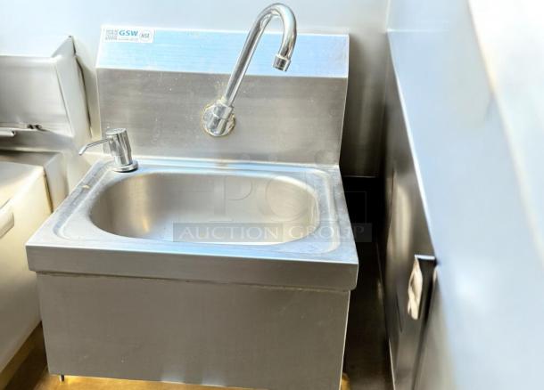 GSW wall-mount hand sink with faucet, stainless steel, excellent condition, fully tested. Visible GSW label on backsplash.