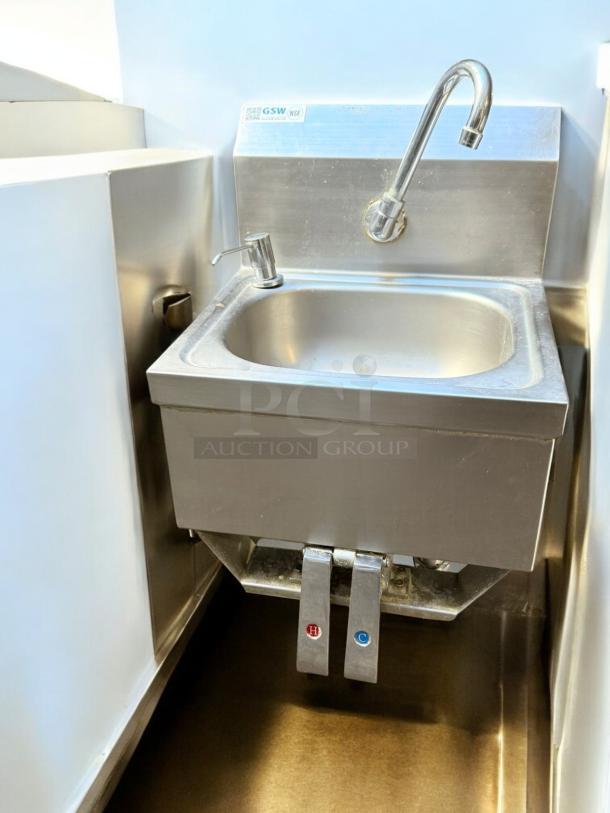 GSW Wall-Mount Hand Sink with Faucet, stainless steel, excellent condition, fully tested. Features hot/cold controls.