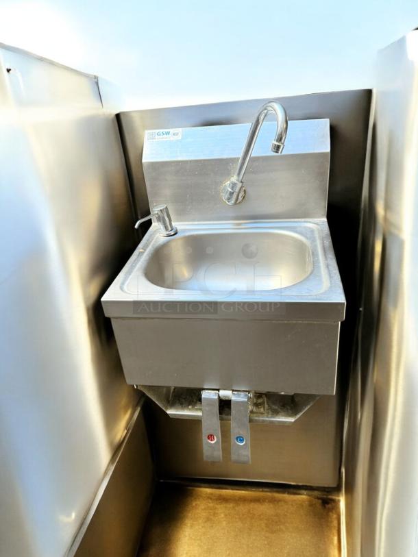 GSW Wall-Mount Hand Sink, excellent condition, stainless steel, includes faucet, hot/cold controls, fully tested and working.