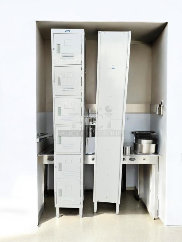 GSW 6-tier metal storage locker in excellent condition, featuring multiple compartments and tested functionality.