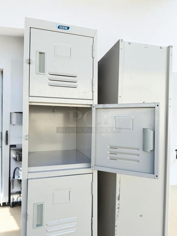 GSW 6-tier metal storage locker in excellent condition with open and closed compartments, fully tested and working.