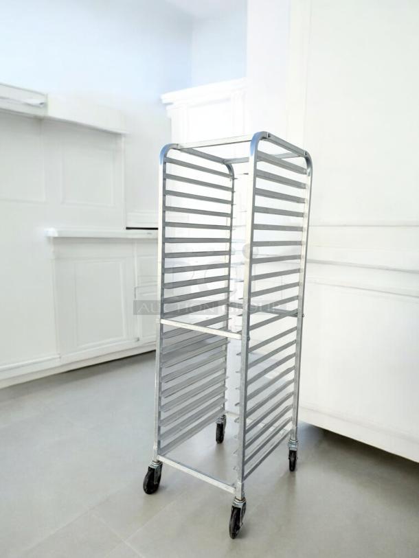 Commercial grade aluminum 20-sheet pan rack, mobile with casters, excellent condition, fully tested, standard full-size model.