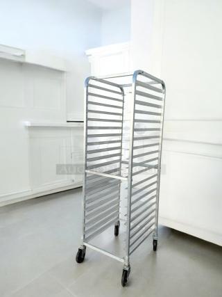 Commercial grade aluminum 20-sheet pan rack, mobile with casters, excellent condition, fully tested, standard full-size model.