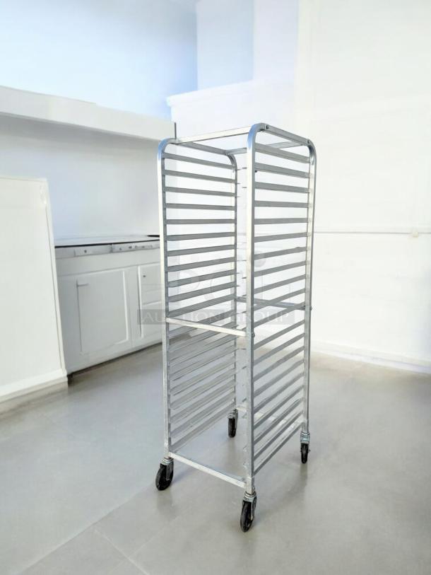 Commercial Grade aluminum 20-sheet pan rack, excellent condition, mobile with casters, fully tested, full-size model.
