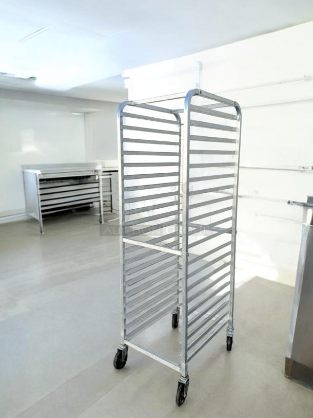 Commercial-grade aluminum 20-sheet pan rack in excellent condition, mobile with casters, standard full-size, fully tested.