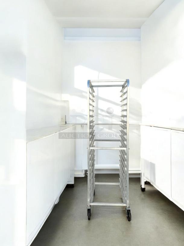 Commercial grade aluminum 20-sheet pan rack with casters, excellent condition, fully tested, standard full-size model.