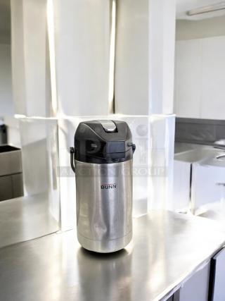 Bunn Stainless Steel Lever-Action Airpot, 2.5L, excellent condition, fully tested, features brand label on front.