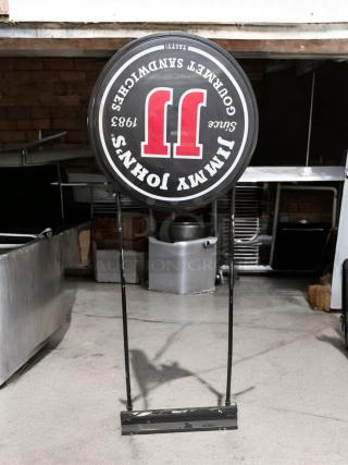 Jimmy John’s double-sided illuminated sign, electric, excellent condition, fully tested. Distinctive logo and text.