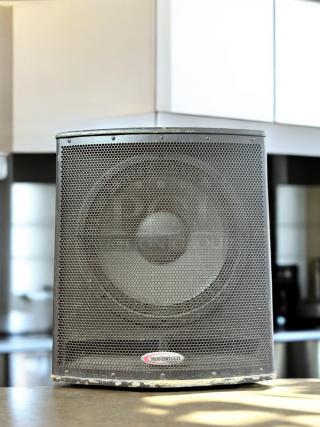 Harbinger HP118S powered subwoofer, excellent condition, 700W, fully tested. Brand logo visible on front grille.