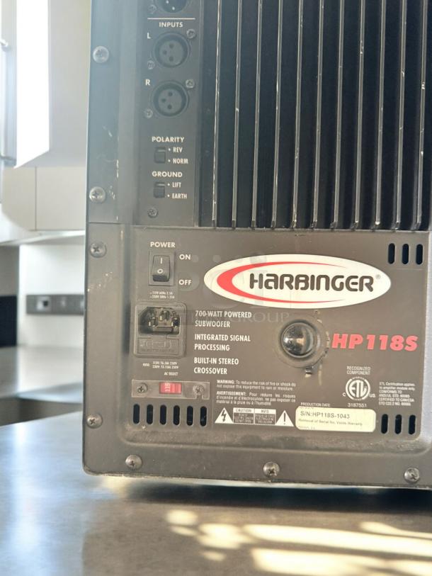 Harbinger HP118S powered subwoofer, 700W, excellent condition, visible controls and labels, fully tested and working.