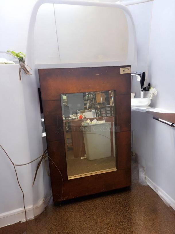 Set of 2 custom decorative wall mirrors, excellent condition, brown wood frames, fully tested, ready for use.