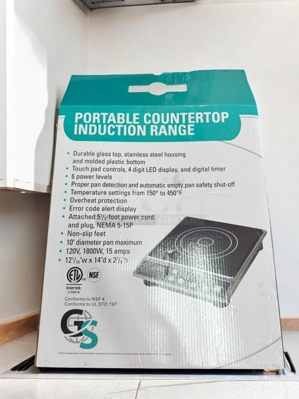 GRS GS1681 Portable Countertop Induction Range, excellent condition, 120V, touch controls, 6 power levels, box visible.