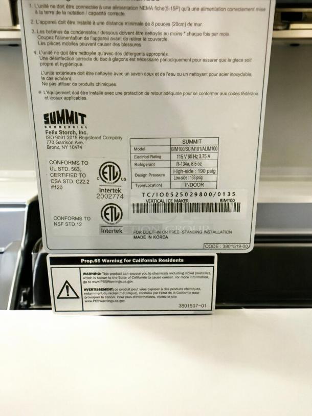 Summit Commercial BIM100 Ice Maker, 115V, excellent condition, fully tested, model tags visible, made in Korea.