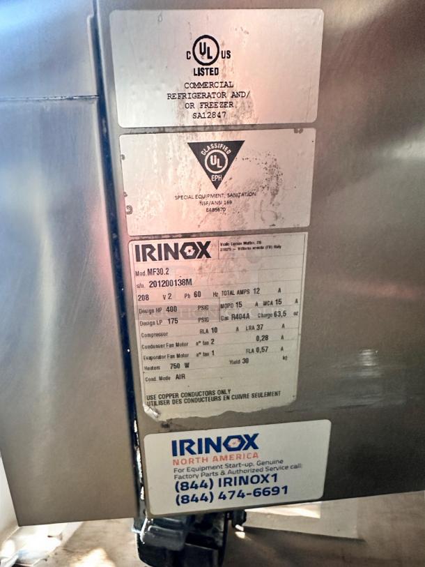 Irinox MF30.2 MultiFresh Blast Chiller/Freezer, 208V, excellent condition, UL listed, R404A refrigerant, fully tested.