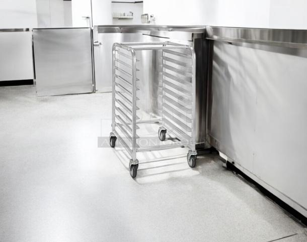 Mobile aluminum 10-slot pan rack with casters in excellent condition, commercial quality, fully tested and functional.