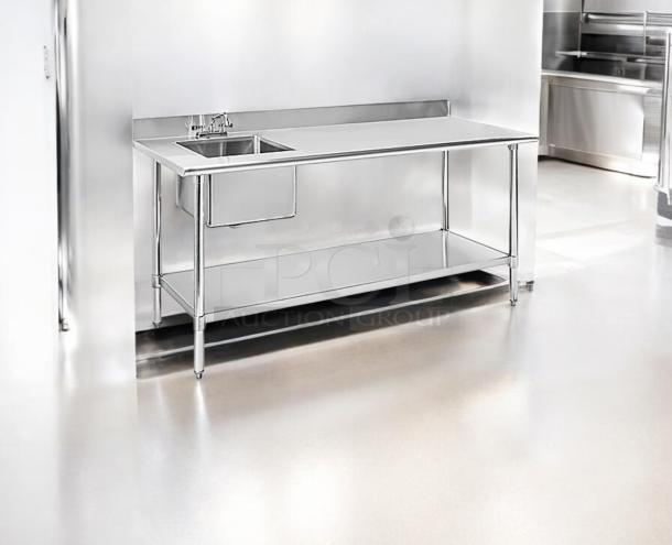 GSW stainless steel worktable with left-side sink, 72"x30", excellent condition, NSF certified, ETL listed, fully tested.