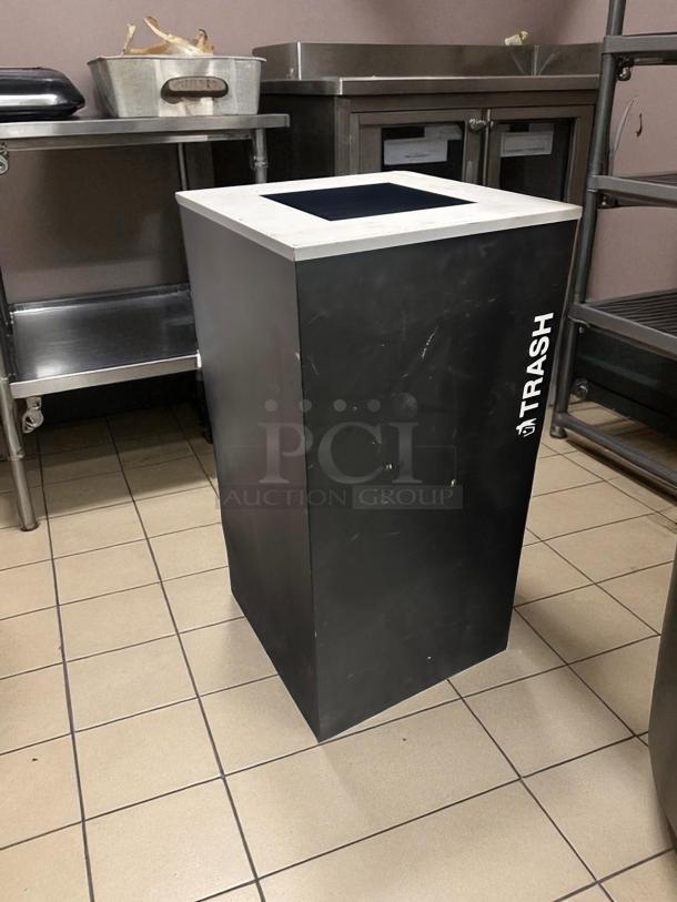 Unbranded commercial trash receptacle in excellent condition, black with "TRASH" label, fully tested and ready for use.
