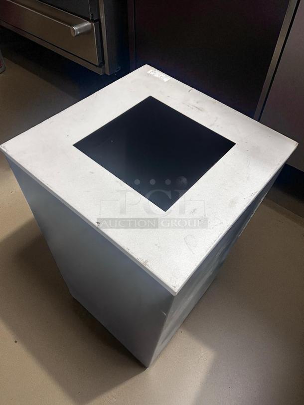 Unbranded commercial trash bin in excellent condition, square opening, fully tested, gray metal finish.