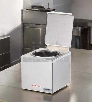 Server Products DI-1 food and soup warmer in excellent condition, fully tested, 120V. Silver finish with visible "Caution-Hot" label.