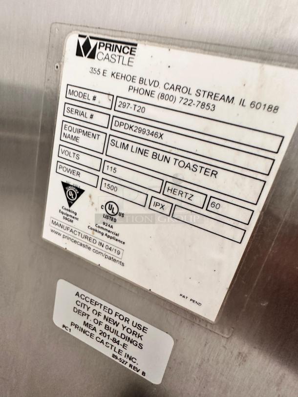 Prince Castle 297-T20 Slim Line Bun Toaster label showing model, serial number, voltage 115V, and UL certification.