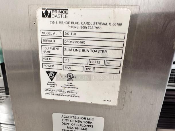 Prince Castle 297-T20 Slim Line Bun Toaster in excellent condition. Tags indicate 115V, fully tested, manufactured 04/19.