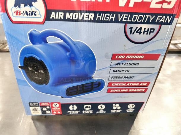 B-Air Vent VP-25 air mover in excellent condition, 1/4 HP, blue color, features for drying various surfaces, safety certified.