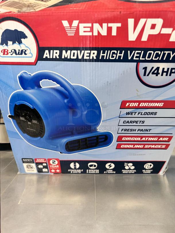 B-Air Vent VP-25 air mover, high velocity, 1/4 HP, in excellent condition. Features include a 10-foot cord and 3 speeds.