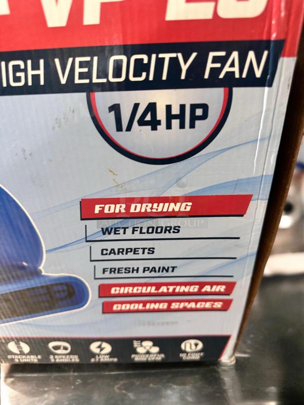 B-Air Vent VP-25 air mover box label highlighting 1/4 HP, drying uses, and features such as stackable design and three-speed settings.