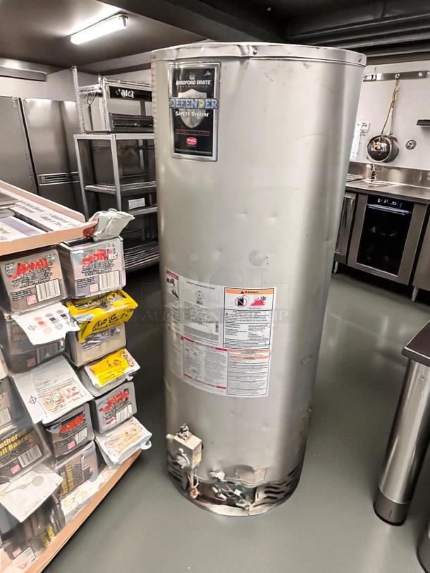 Bradford White Defender Safety System Gas Water Heater, Model M45036FBN, in excellent condition with visible operational test labels.