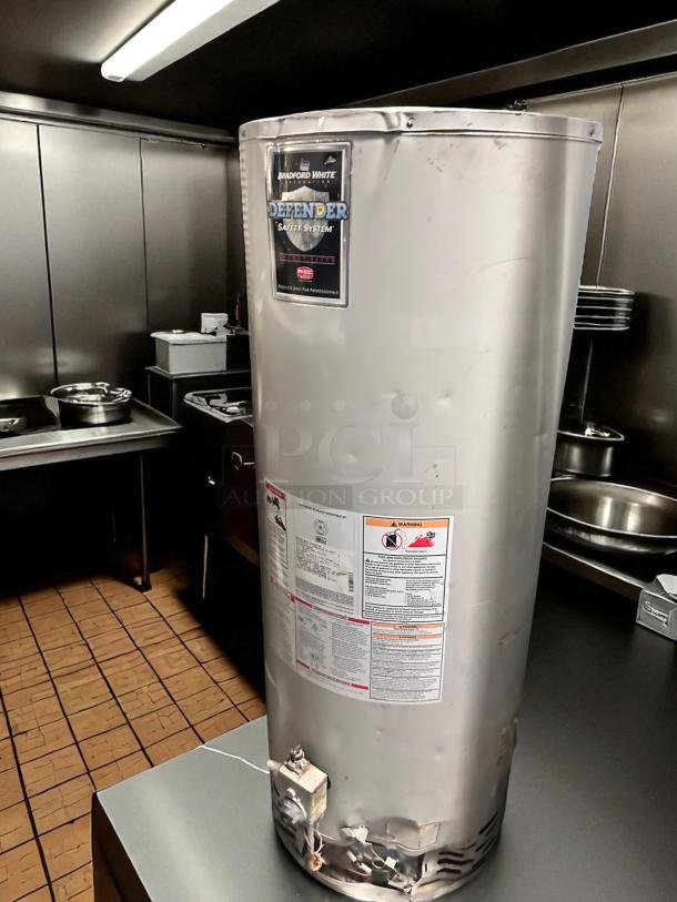 Bradford White Defender Gas Water Heater, Model M45036FBN, excellent condition, fully tested, visible safety system label.
