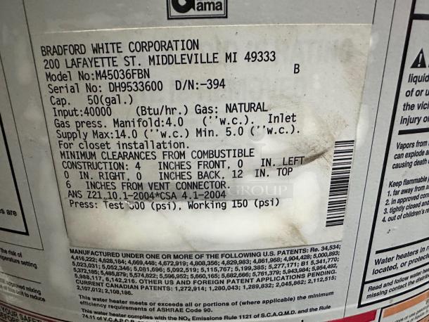 Bradford White Defender Gas Water Heater, Model M45036FBN, 50-gallon capacity, natural gas, excellent condition, fully tested.