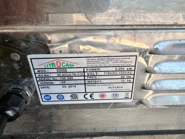 Citrocasa 8000SB commercial juicer label, Art. No: 90.002/ATS-115, 280W, 115VAC-120VAC, 60Hz, serial 130.385, made in Austria.