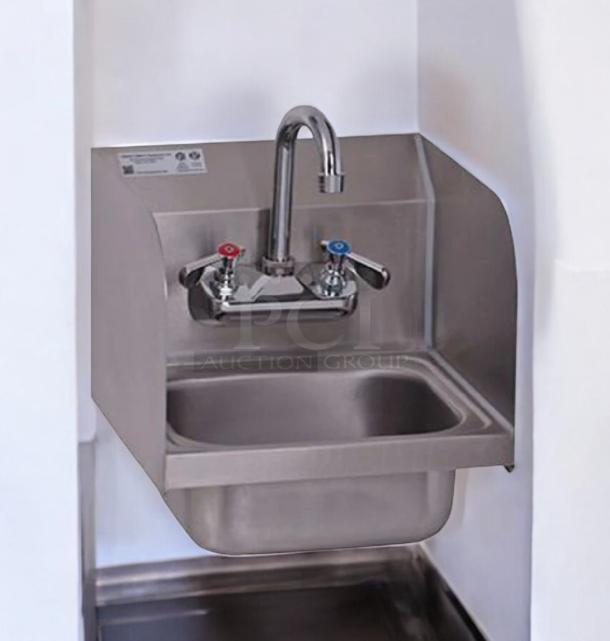 GSW HS-0810S wall-mount hand sink in excellent condition with faucet, side splash. Made of stainless steel, fully tested.