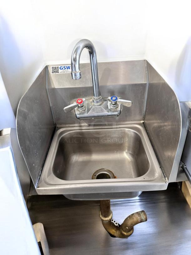 GSW HS-0810S stainless steel wall-mount hand sink with faucet and side splash. Excellent condition, fully tested and working.